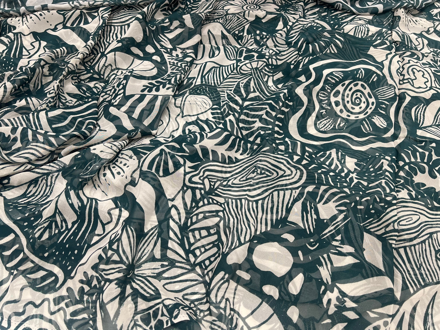 Tropical Maze- Teal Green Viscose Georgette ₹380 per meter