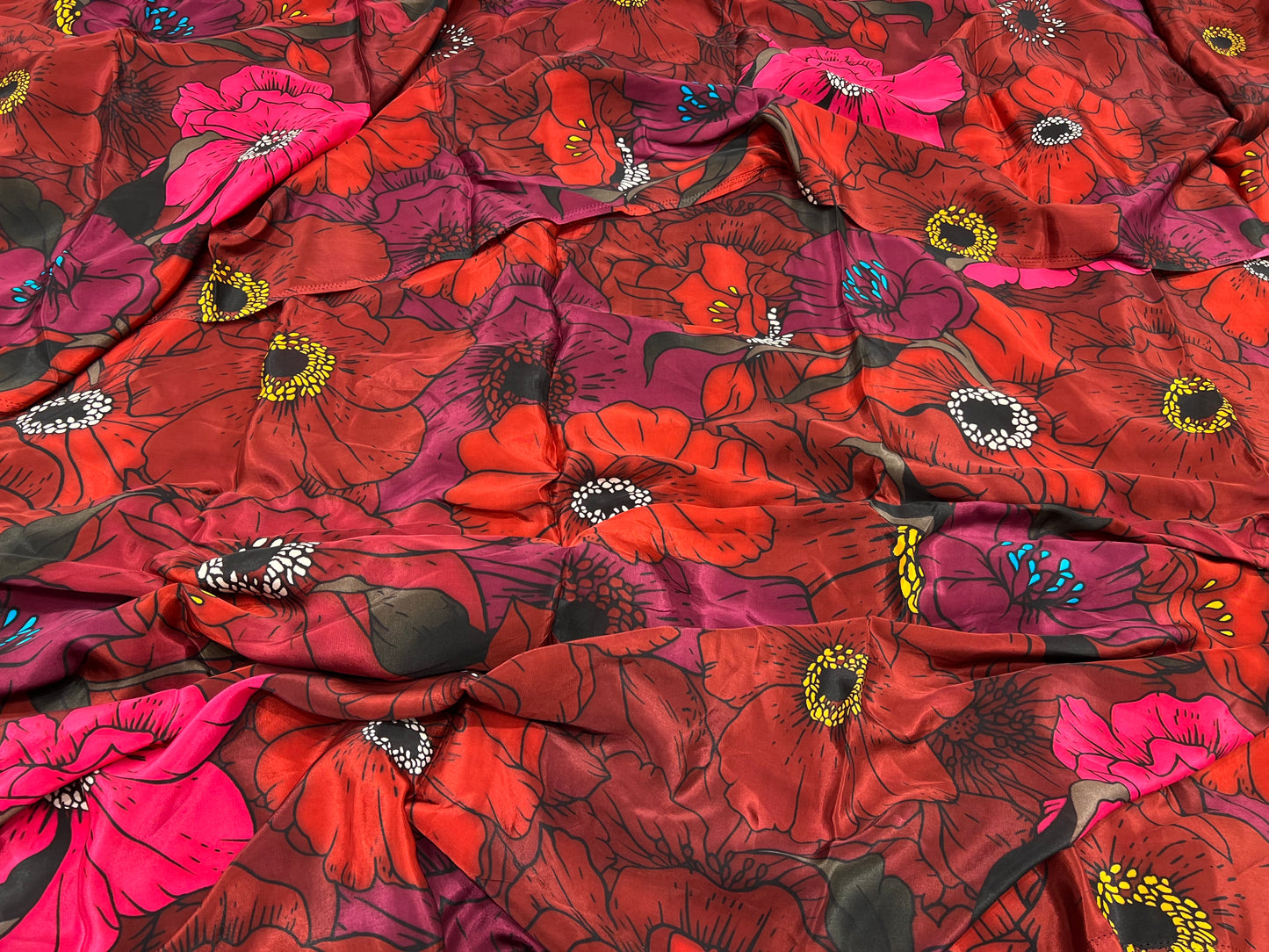 Maroon Poppy Floral Viscose Crepe ₹450/- per meter