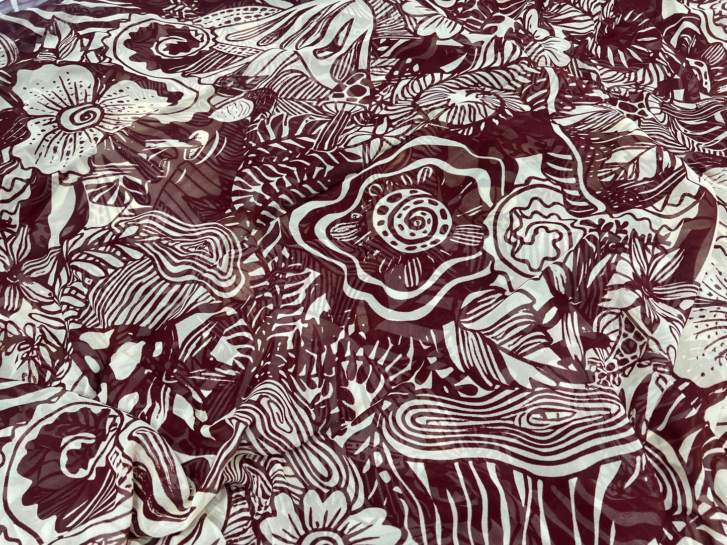 Tropical Maze- Maroon Viscose Georgette ₹380 per meter