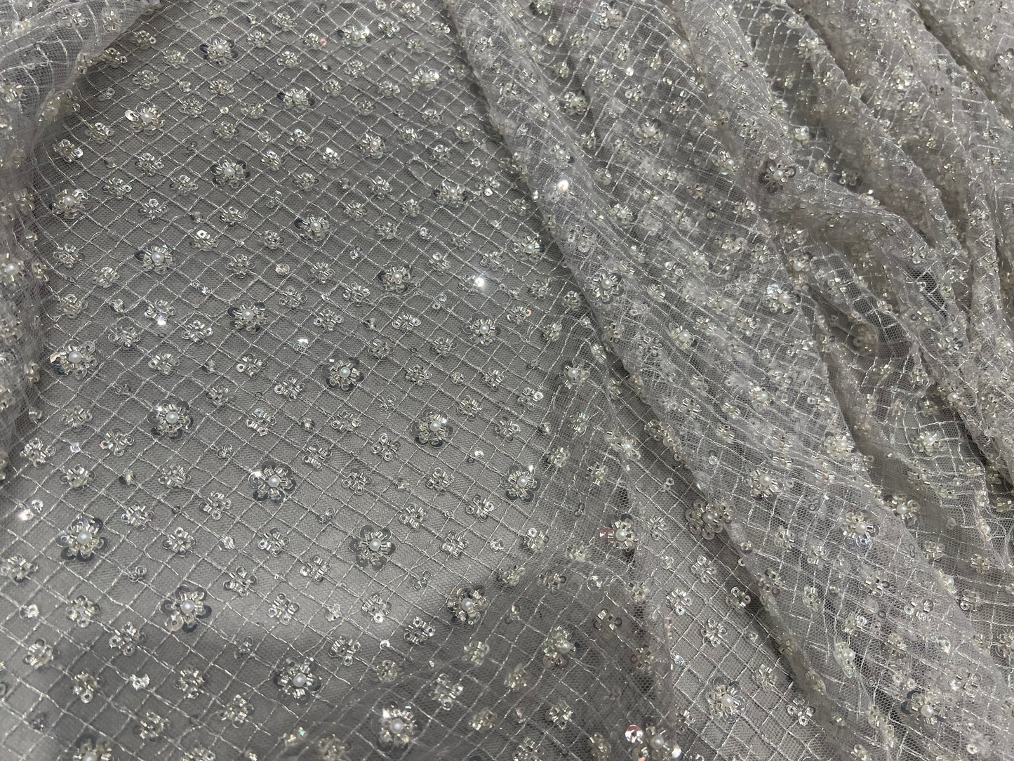 Grey Pearl & Cut dana Sequin Net ₹2450/per meter
