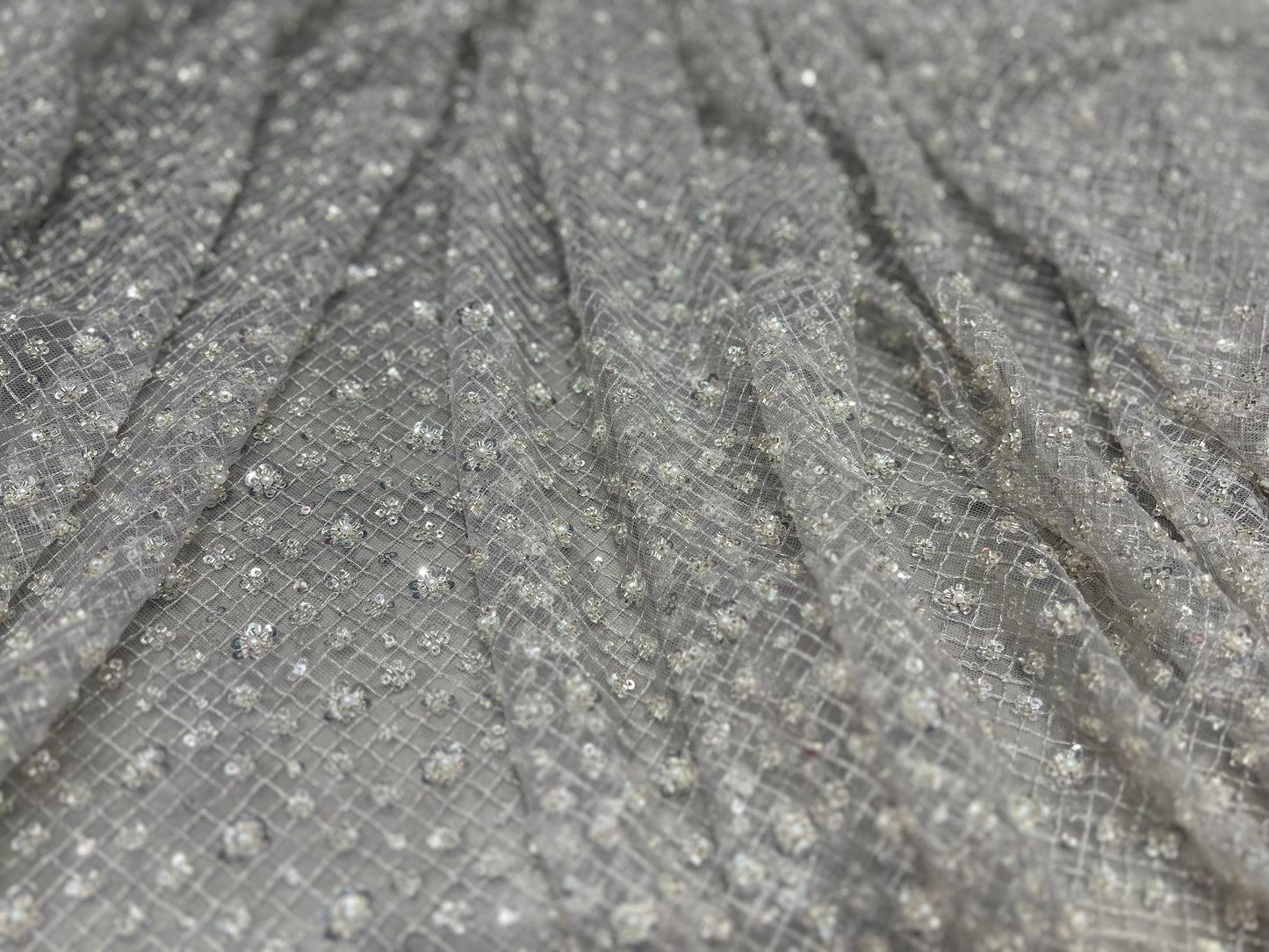 Grey Pearl & Cut dana Sequin Net ₹2450/per meter