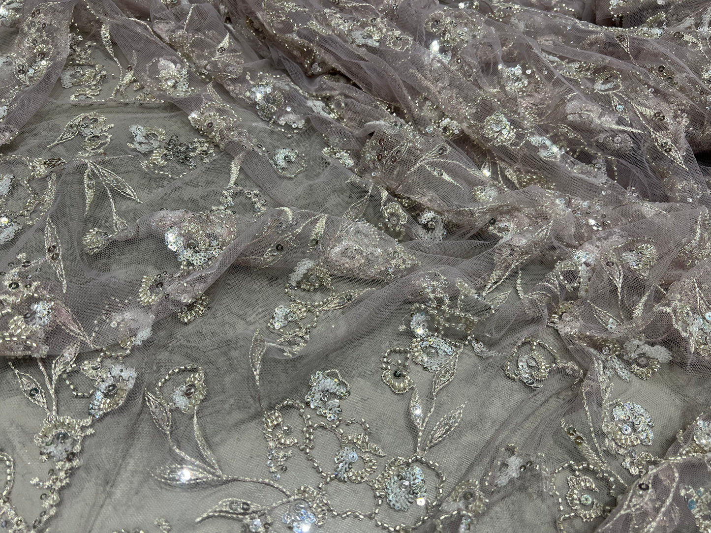 Dusty Lavender Sequin & Cut dana Handwork Net ₹2450/per meter