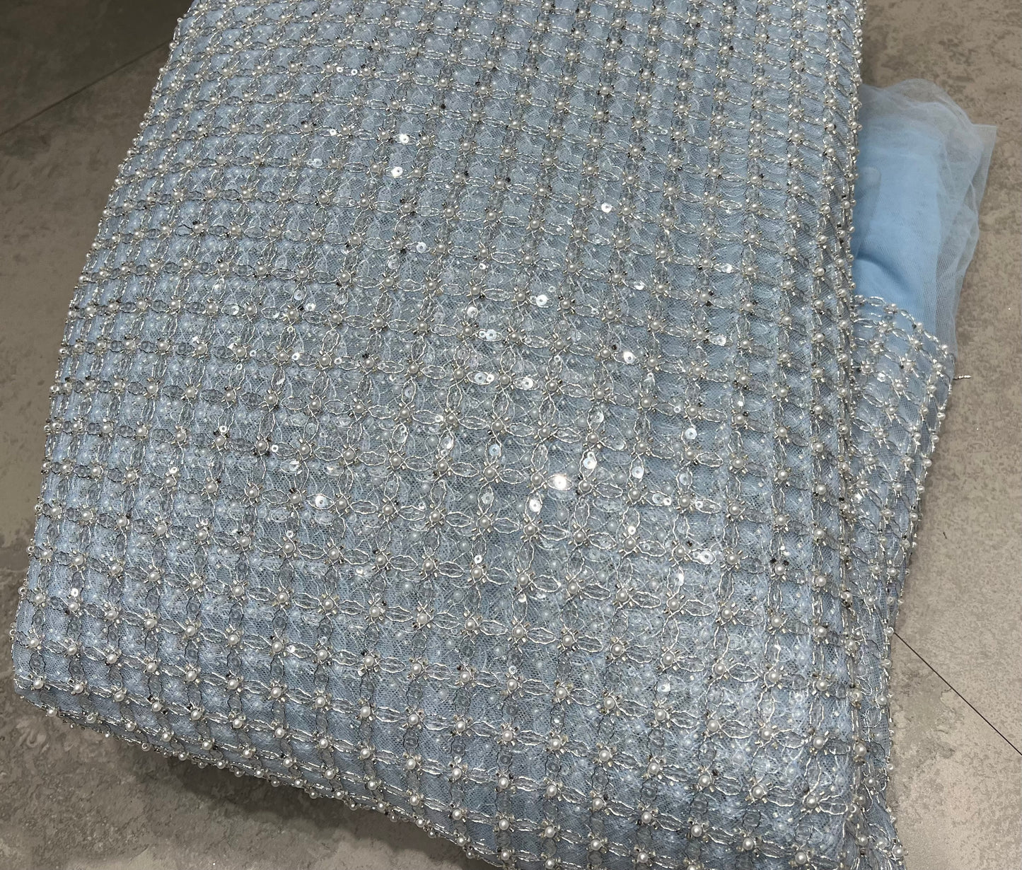 Powder Blue Cut dana & Pearl Sequin Net ₹2250/per meter