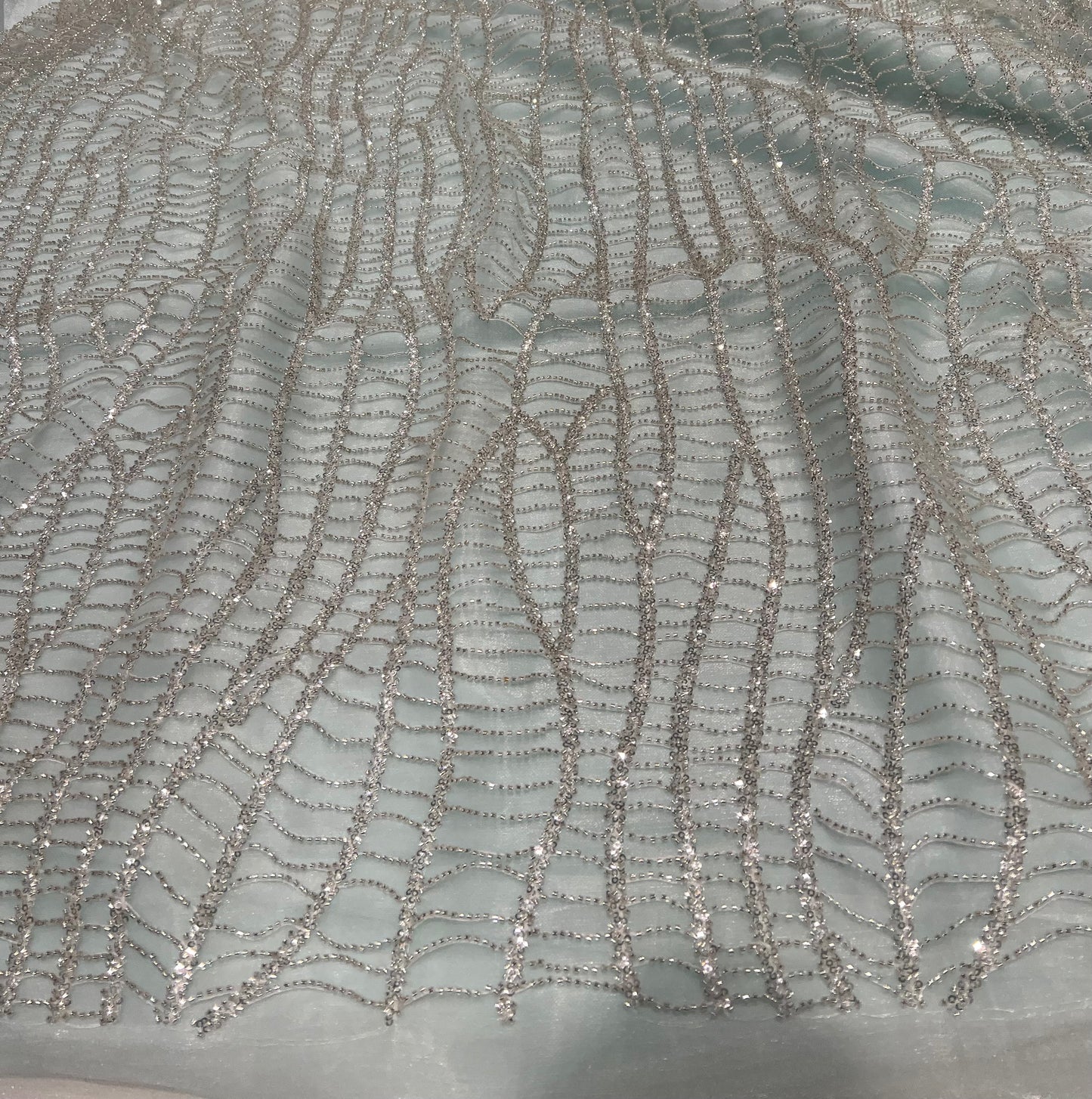 Vertical Sequin Stripe Net Fabric – Ice Grey