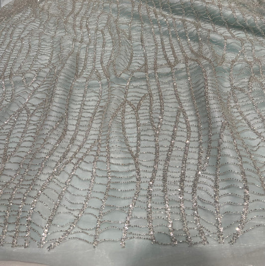 Vertical Sequin Stripe Net Fabric – Ice Grey