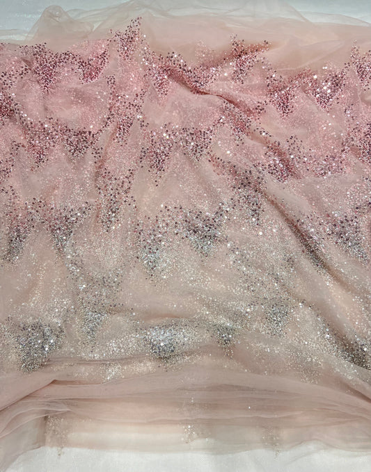 Peach Zigzag Sequins Hand Embroidered Net