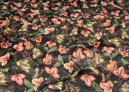 Wild Grove Bloom- Black Viscose Organza ₹450 per meter
