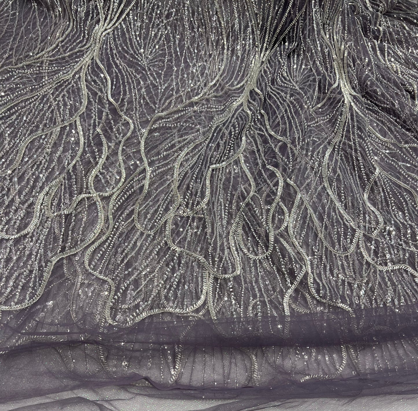 Mauve- Grey Cutdana Embroidered Net ₹2250/per meter
