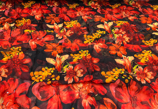 Fiery Red Bloom Viscose Organza ₹450 per meter